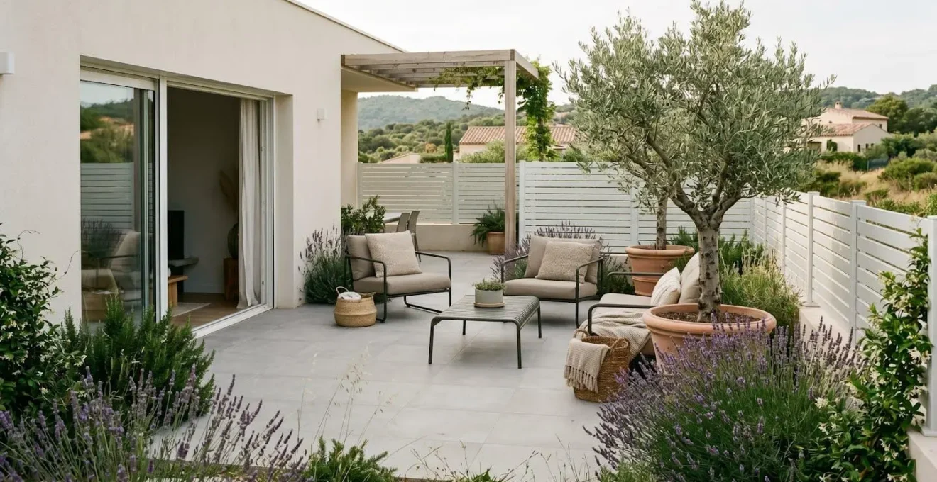 Terrasse contemporaine avec clôture aluminium lames horizontales gris perle, mobilier design minimal, végétation méditerranéenne (lavandes, olivier en pot), lumière douce, harmonie architecturale