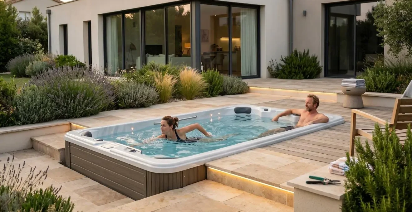 Couple utilisant un spa de nage semi-enterré dans un jardin résidentiel français aménagé avec plage en pierre naturelle, végétation méditerranéenne et maison contemporaine en arrière-plan au coucher du soleil