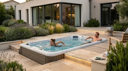 Couple utilisant un spa de nage semi-enterré dans un jardin résidentiel français aménagé avec plage en pierre naturelle, végétation méditerranéenne et maison contemporaine en arrière-plan au coucher du soleil
