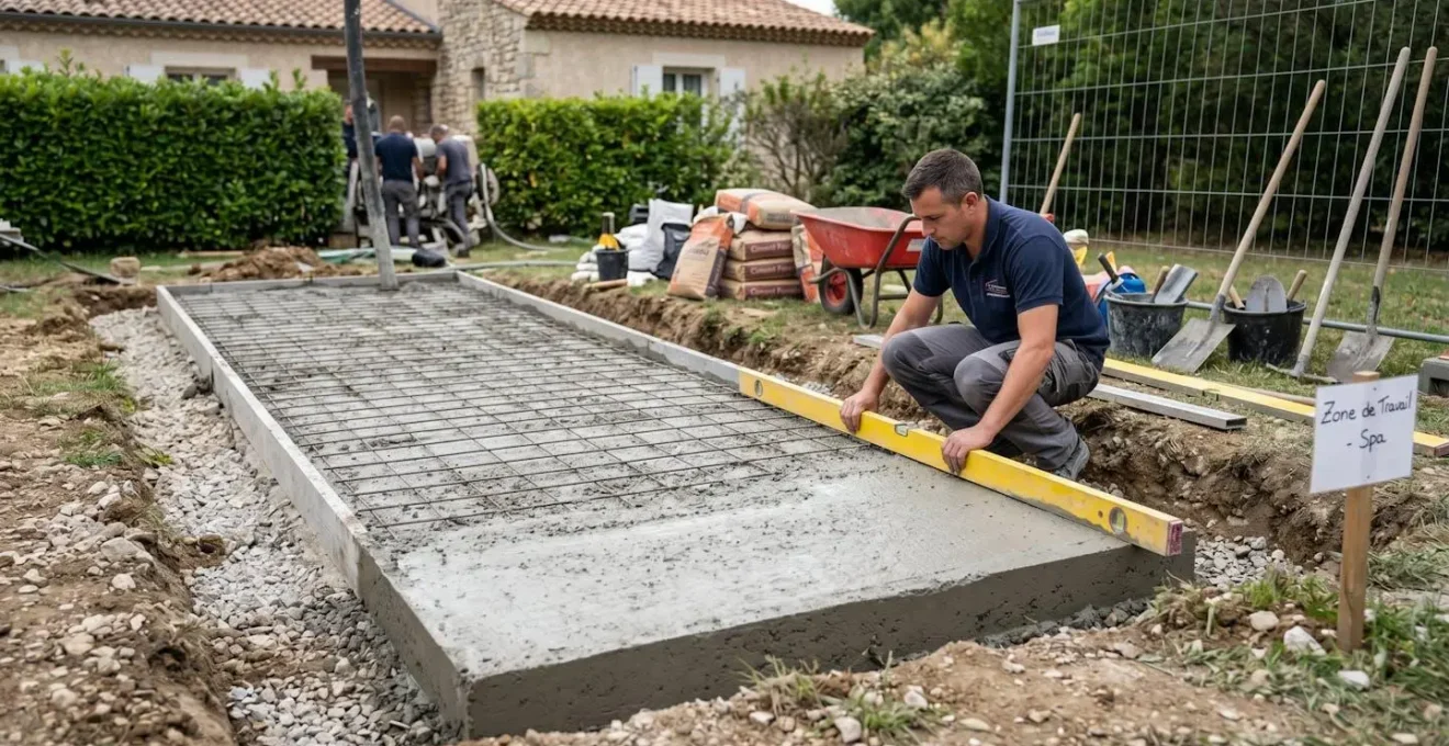 Professionnel du bâtiment vérifiant le niveau d'une dalle béton fraîchement coulée avec treillis métallique pour l'installation d'un spa de nage dans un jardin résidentiel
