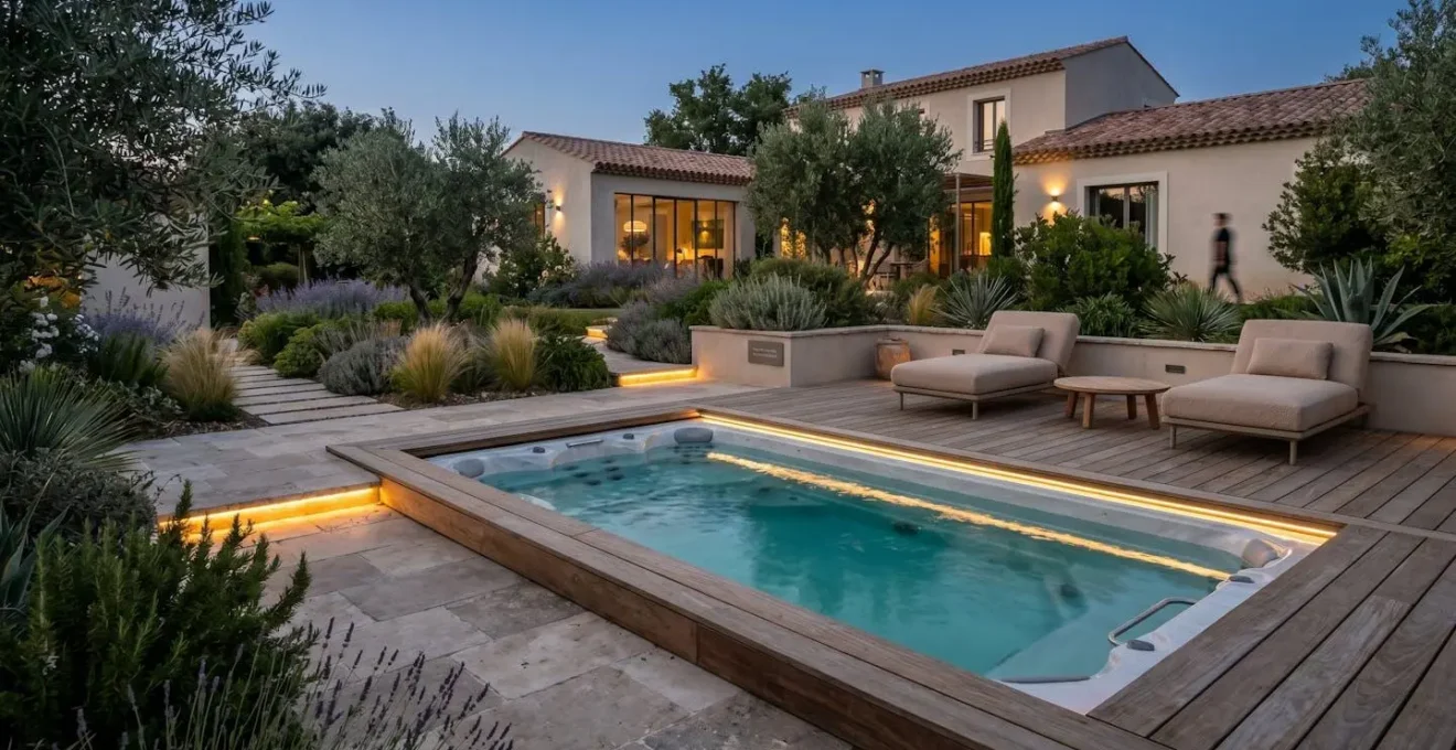 Spa de nage semi-enterré intégré dans un jardin résidentiel contemporain avec plage en pierre naturelle, éclairage LED, végétation méditerranéenne et mobilier de jardin design au crépuscule